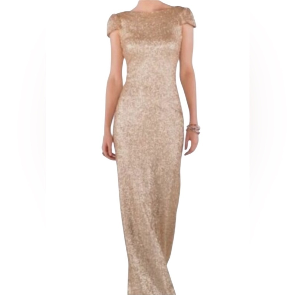 Sorella Vita Cowl Back Sequin Gown Drape Back Gold Cap Sleeve Maxi Dress Sz: 16